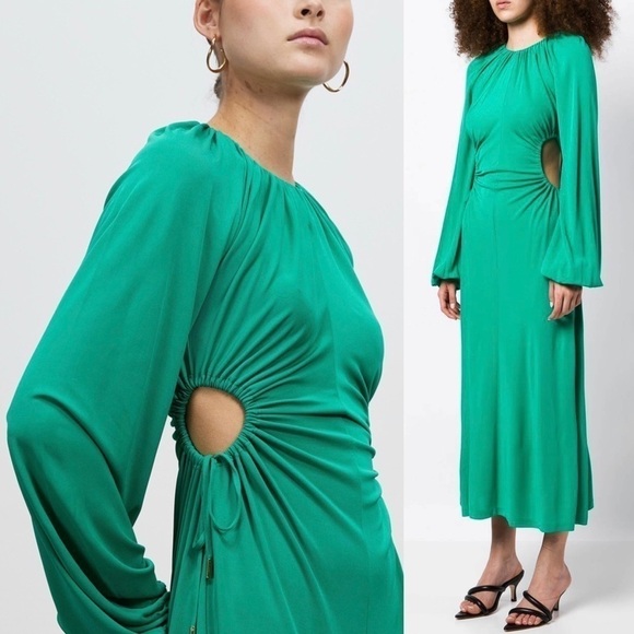 REBECCA VALLANCE 70s Ruched Tie Waist Cutout Long Bell Sleeve Disco Midi Dress 8 - Picture 3 of 15